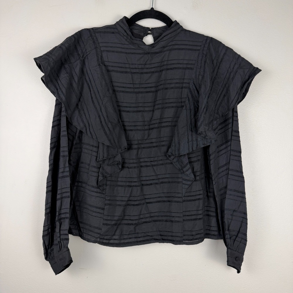Allison Joy Evereve Bowie Ruffle‎ Blouse Women's XS Black Long Sleeve Top Career
